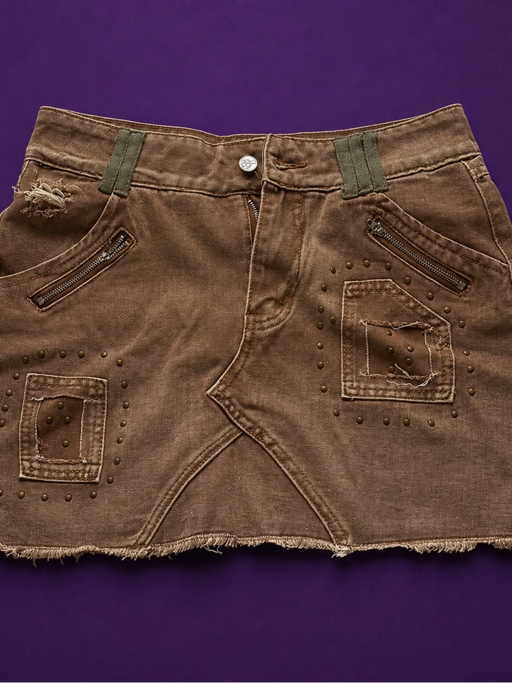 Casual Tan Denim Mini Skirt with Front Overlap